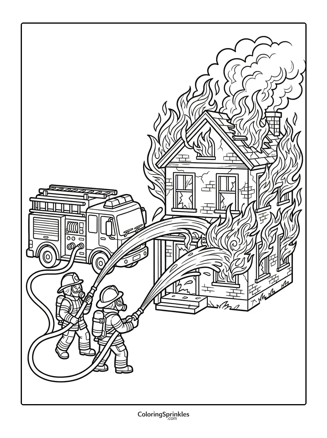 Coloring page of firefighters fighting a house fire with a fire truck