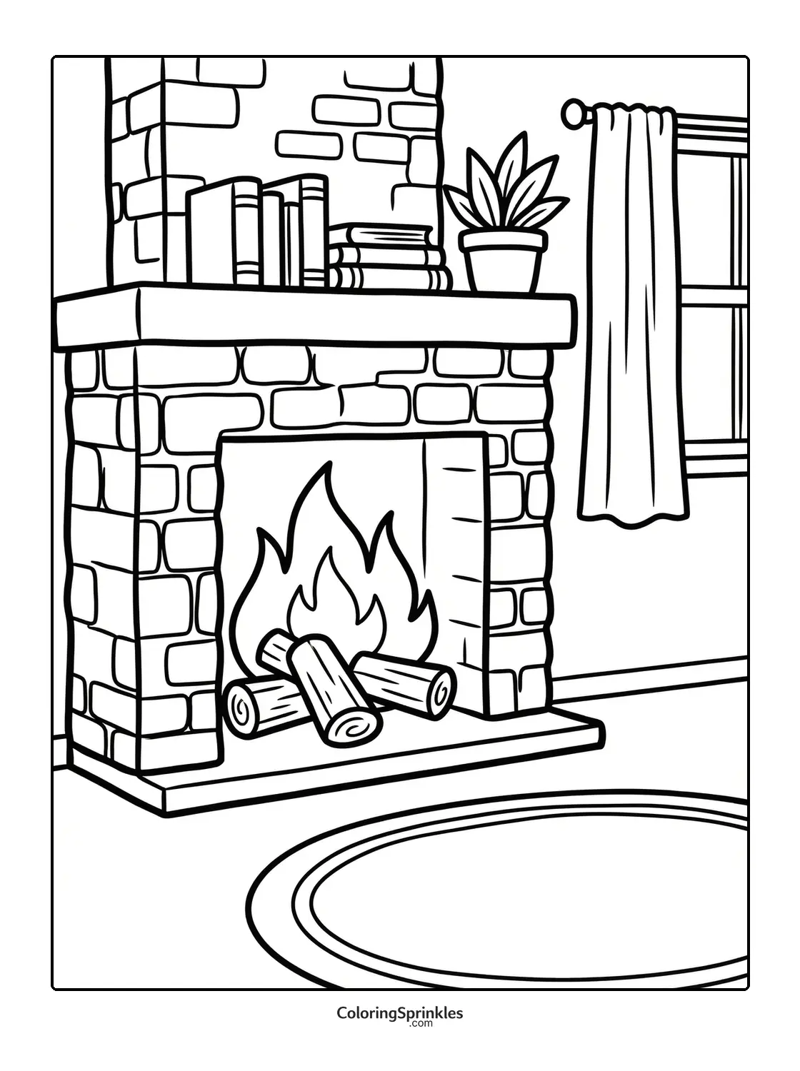 Coloring page of a cozy fireplace with logs, books, and a plant near a window with a curtain