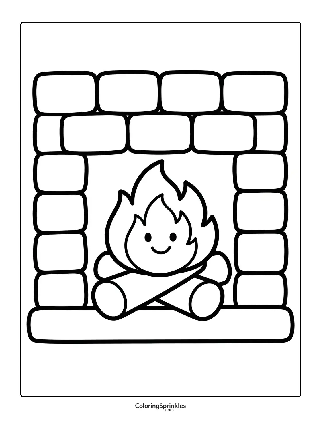 Coloring page of a smiling fire burning on logs in a brick fireplace