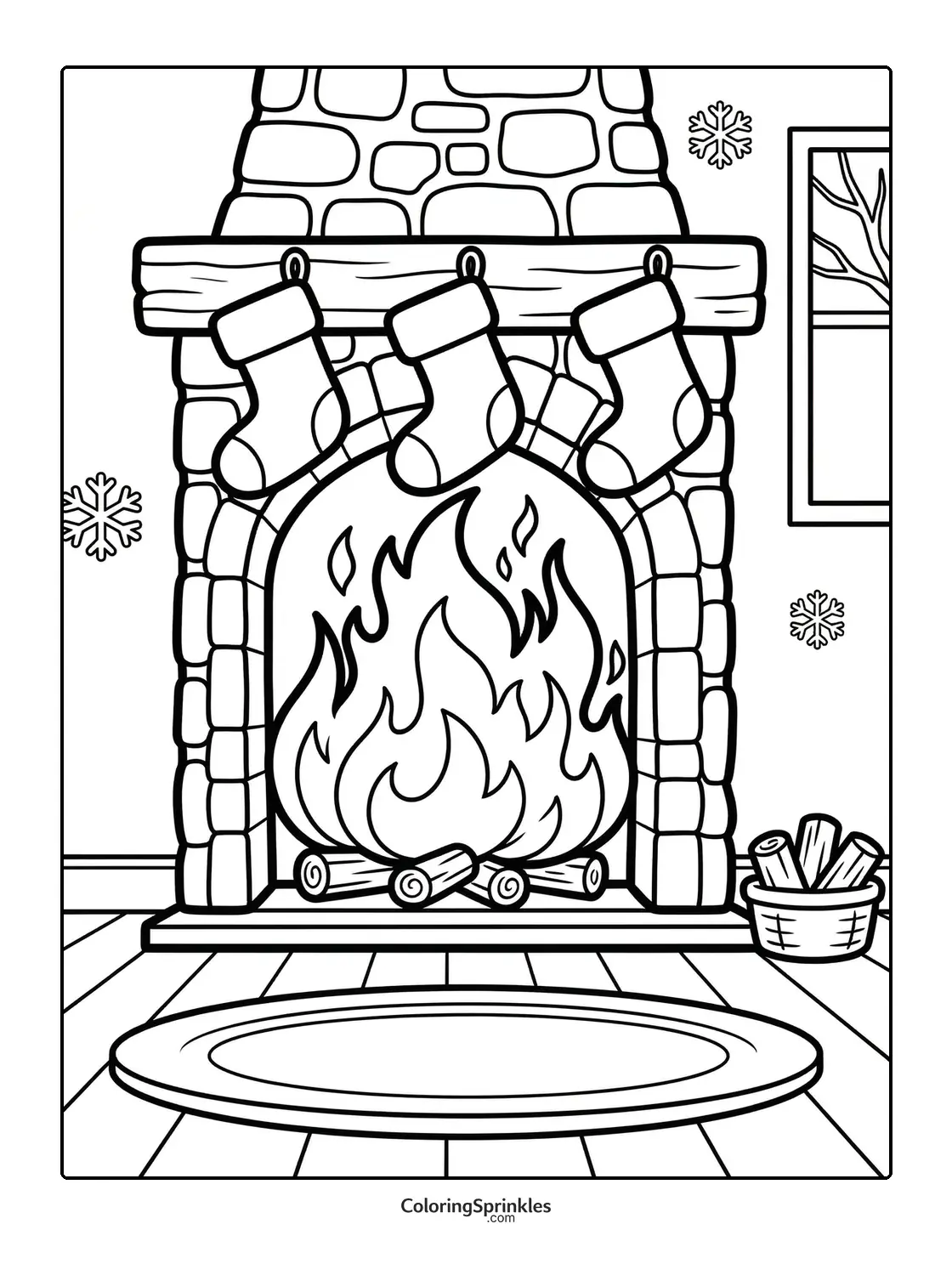 Coloring page of a cozy fireplace with stockings, logs and a rug