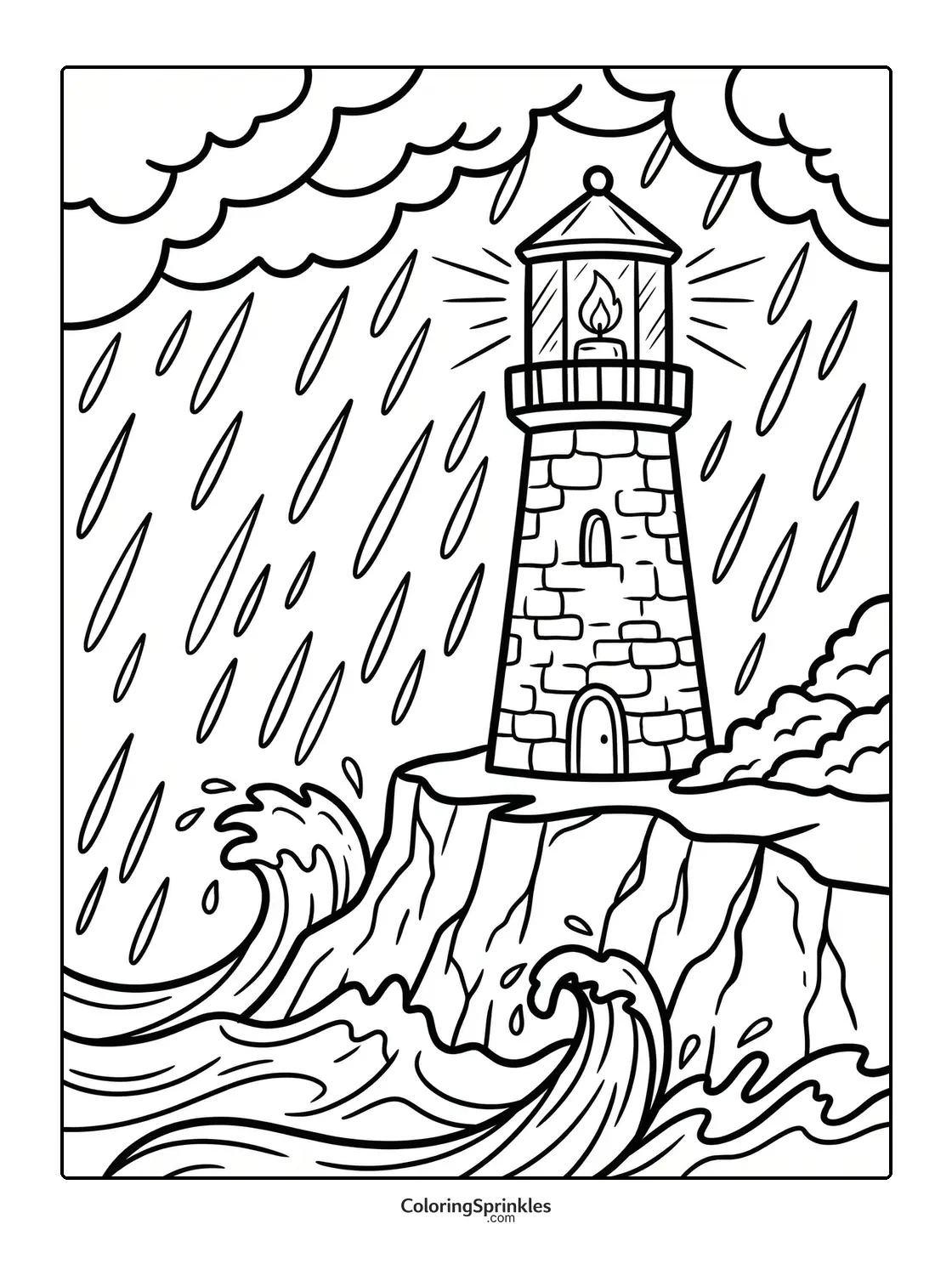 Coloring page of a lighthouse shining during a rainstorm on a cliff with waves