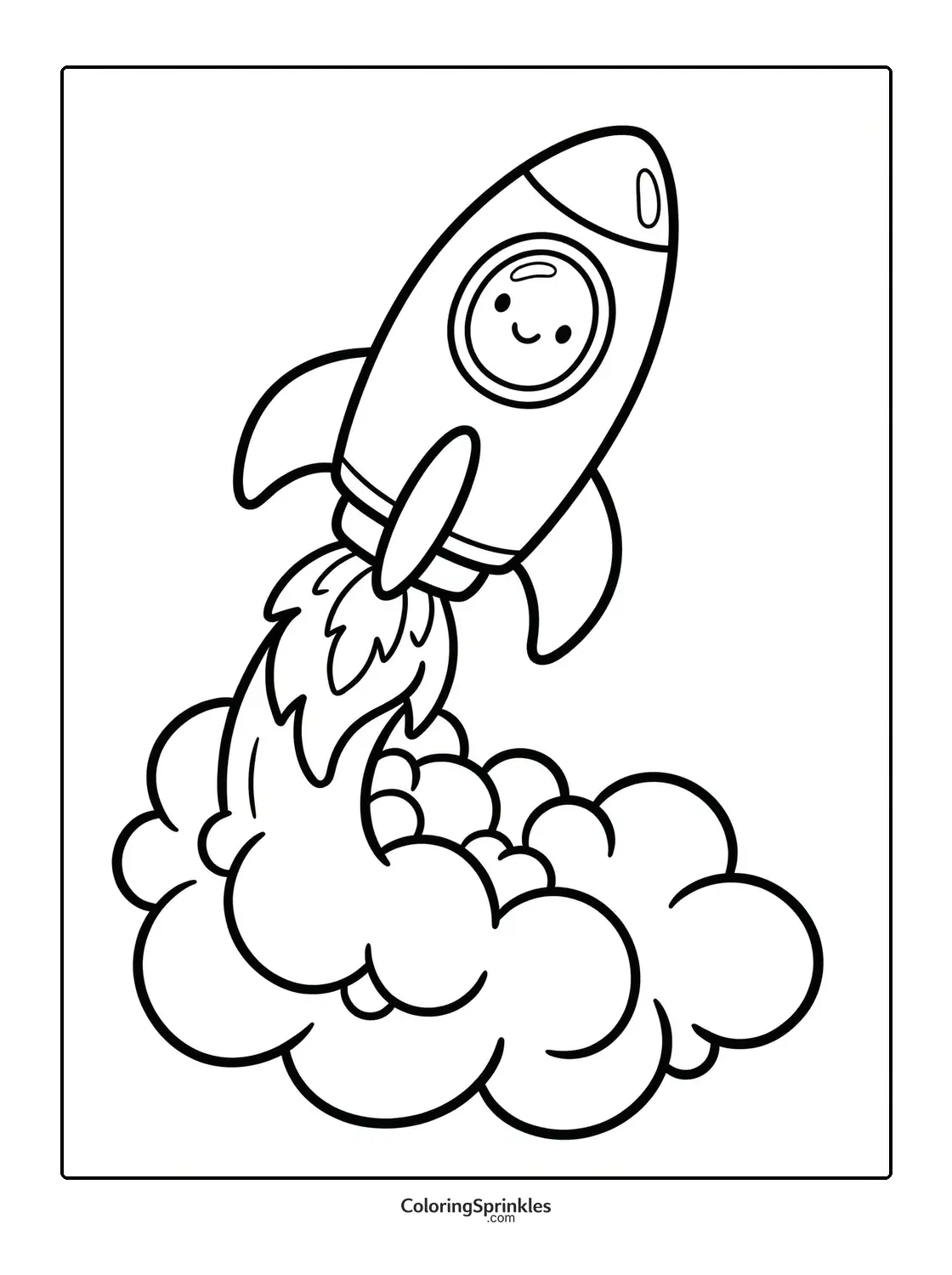 Coloring page of a rocket ship launching with a smiling face