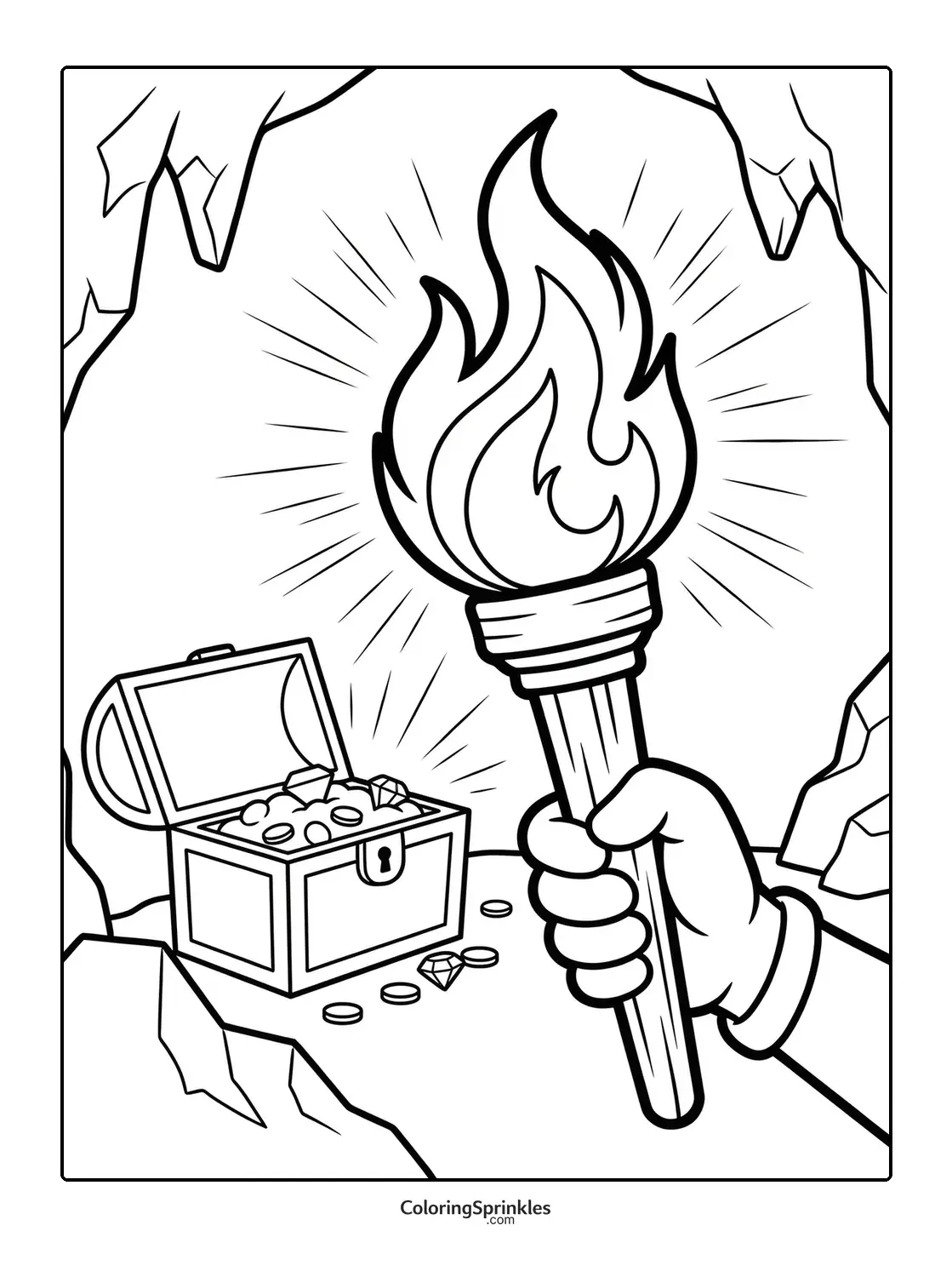 Coloring page of a hand holding a torch near a treasure chest in a cave