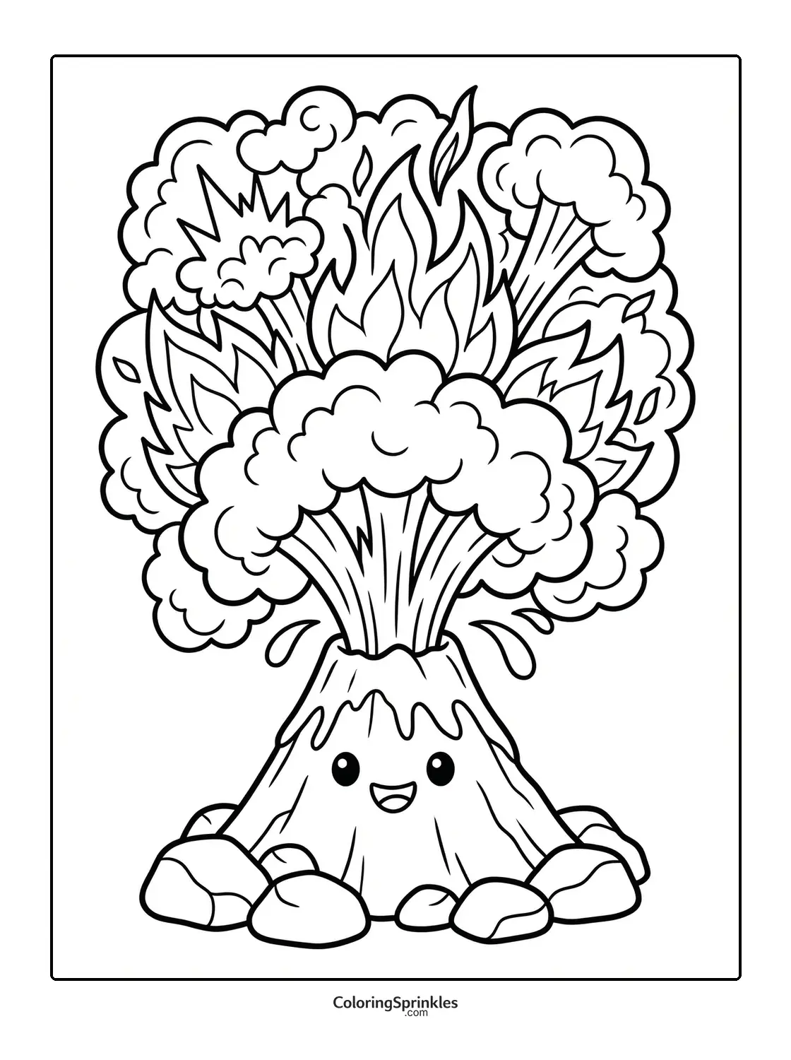 Coloring page of a smiling cartoon volcano erupting with smoke and flames
