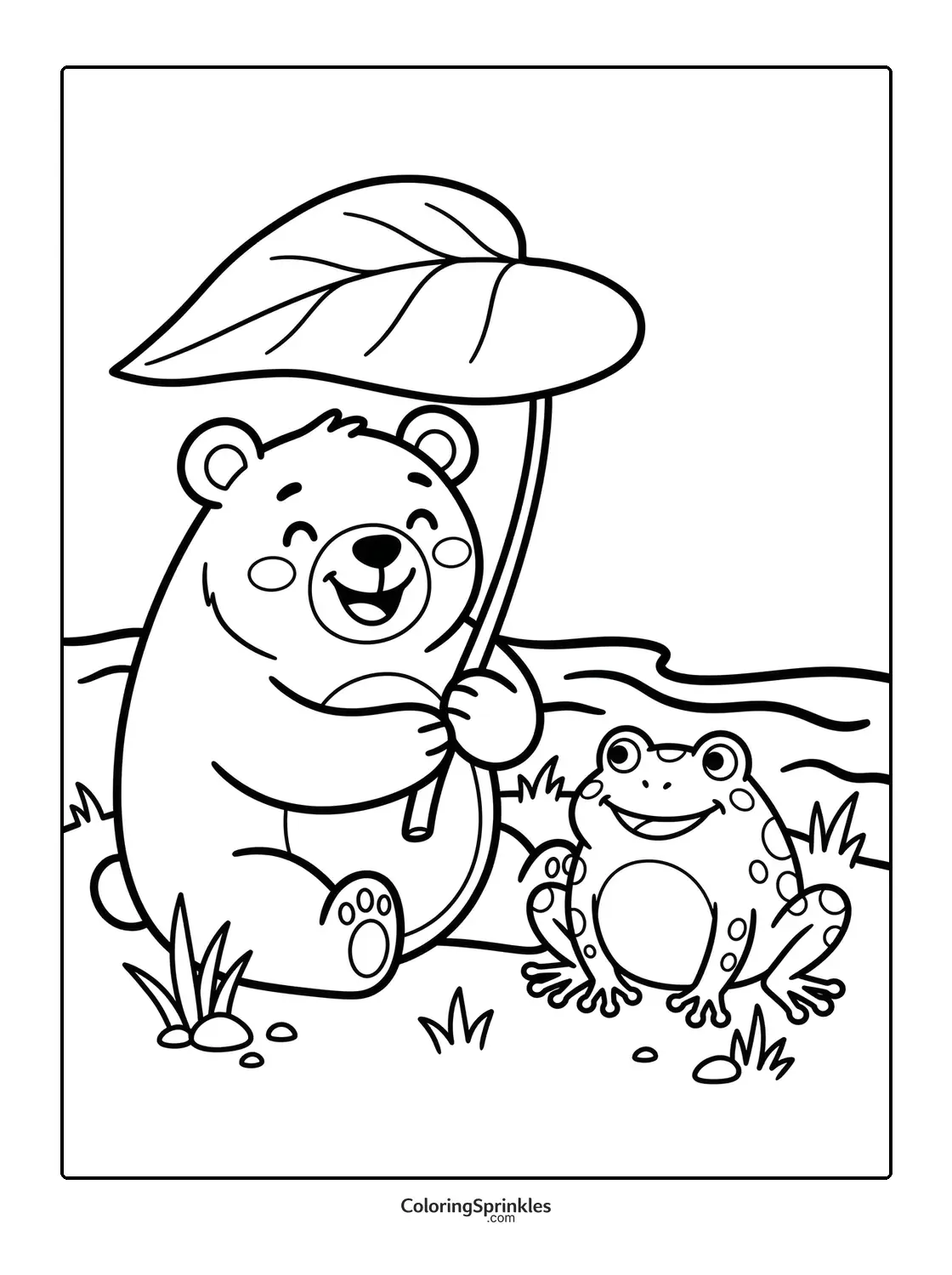 Coloring page of a bear holding a large leaf over its head sitting by a riverbank with a frog