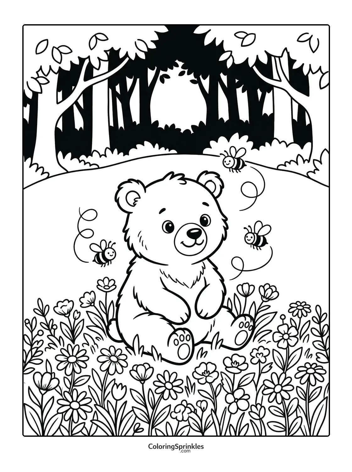 Coloring page of a bear sitting among flowers with bees in a forest