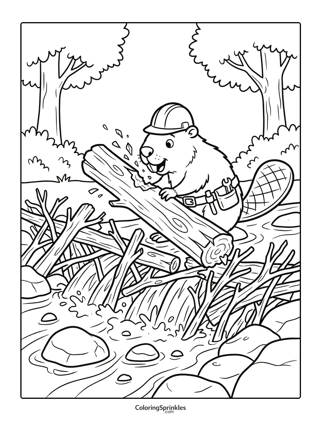 Coloring page of a beaver building a dam in a forest stream