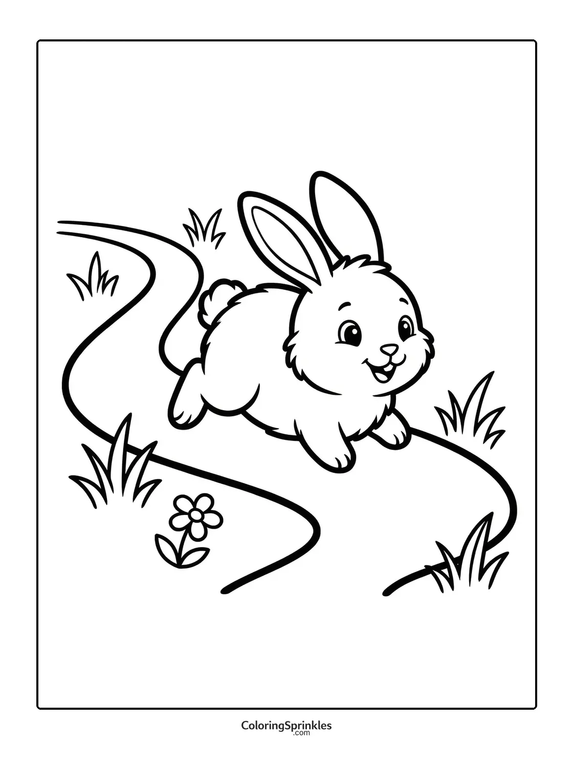 Coloring page of a cute bunny running on a path with a flower