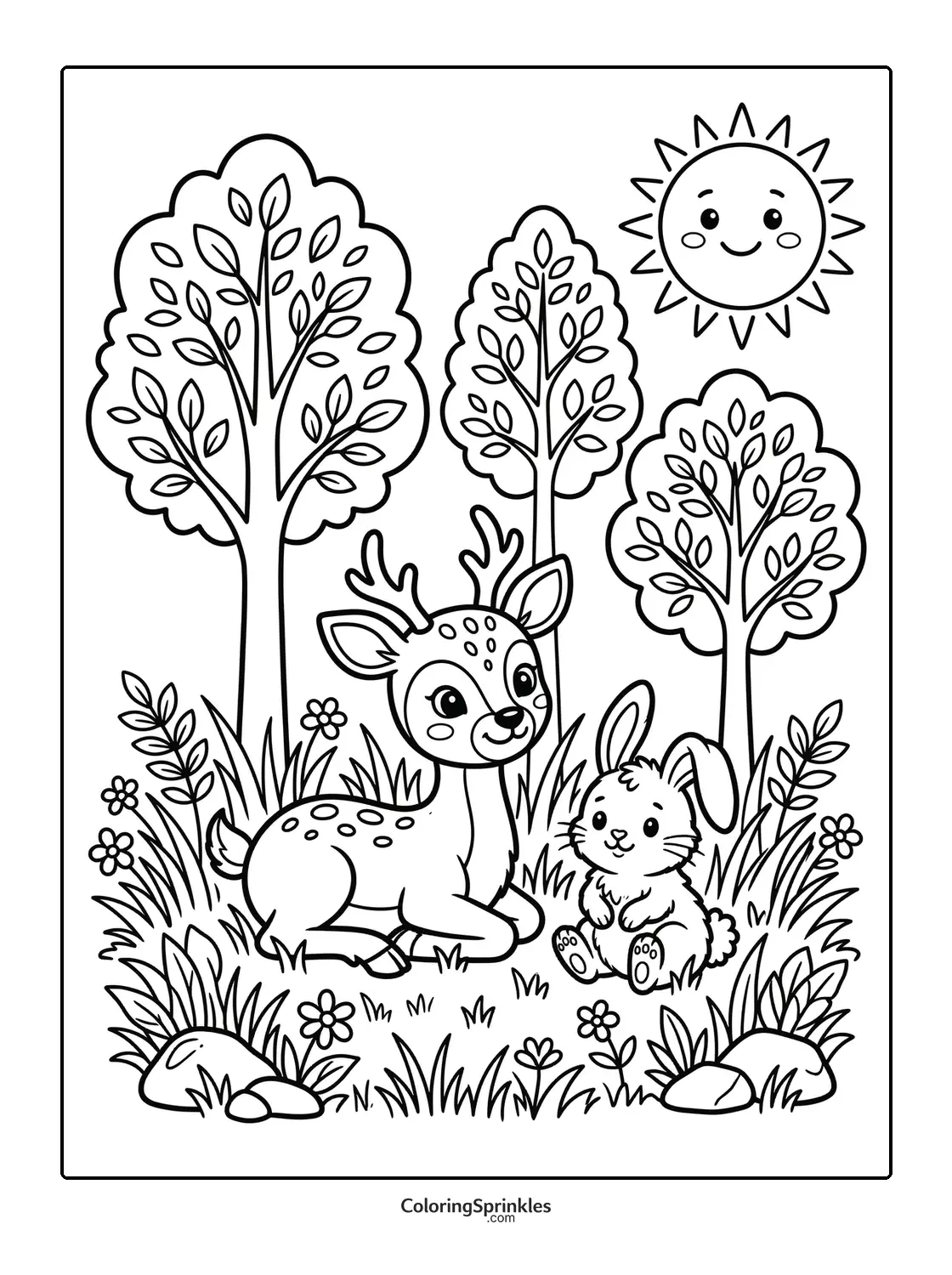 Coloring page of a deer and rabbit sitting in a forest clearing with trees and a smiling sun
