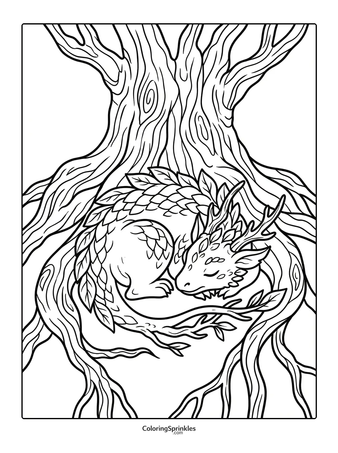 Coloring page of a forest dragon sleeping curled up among tree roots