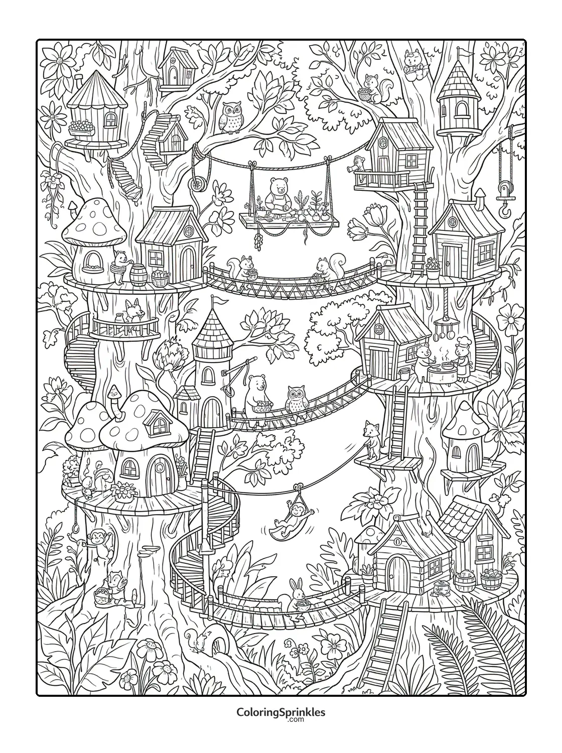 Coloring page of a forest with treehouses, animals and rope bridges