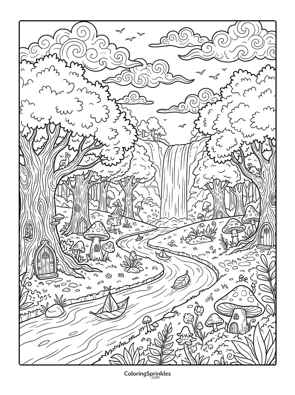 Coloring page of a forest with a waterfall, fairy houses, and mushrooms