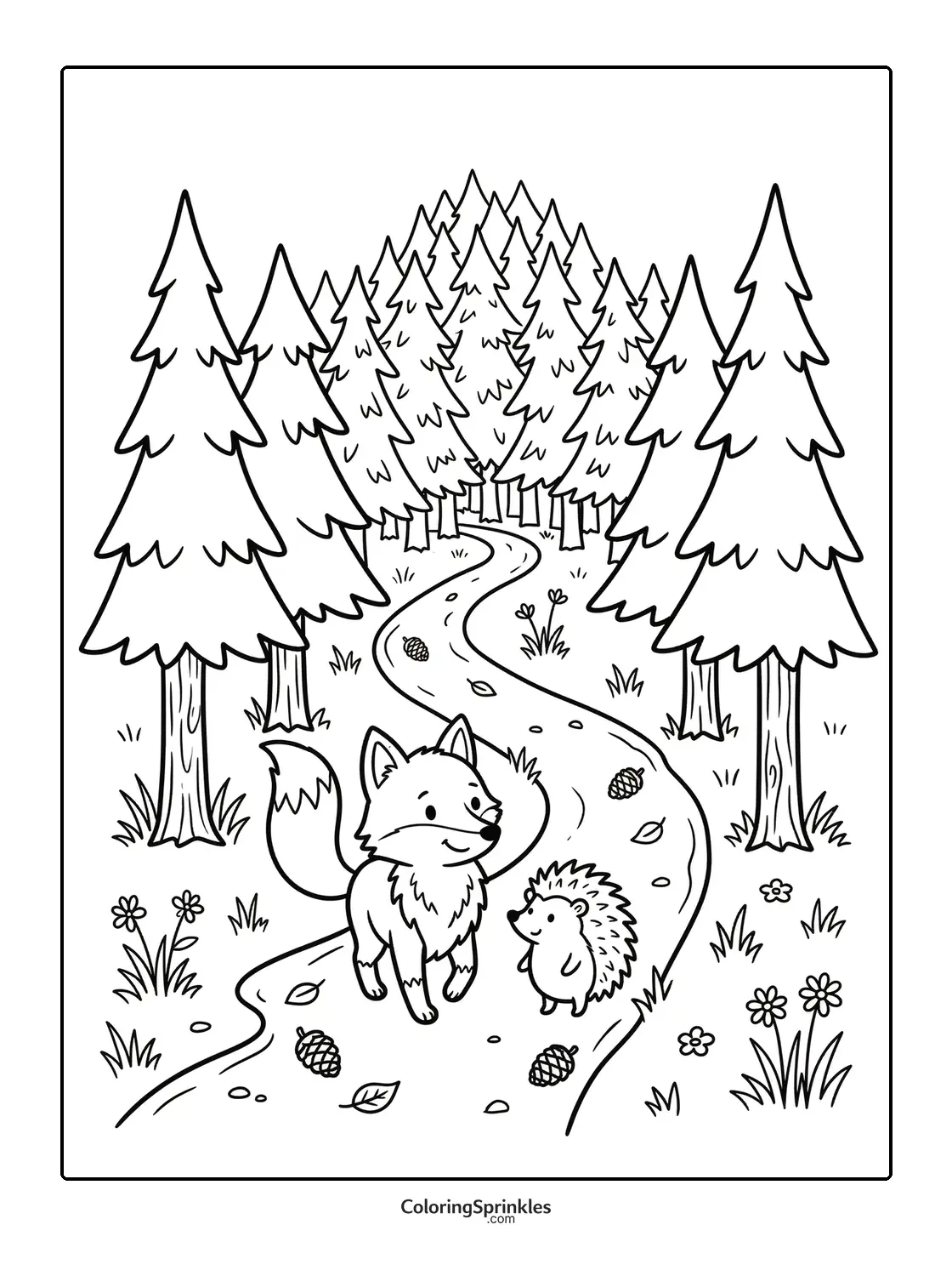 Coloring page of a fox and a hedgehog walking on a forest path