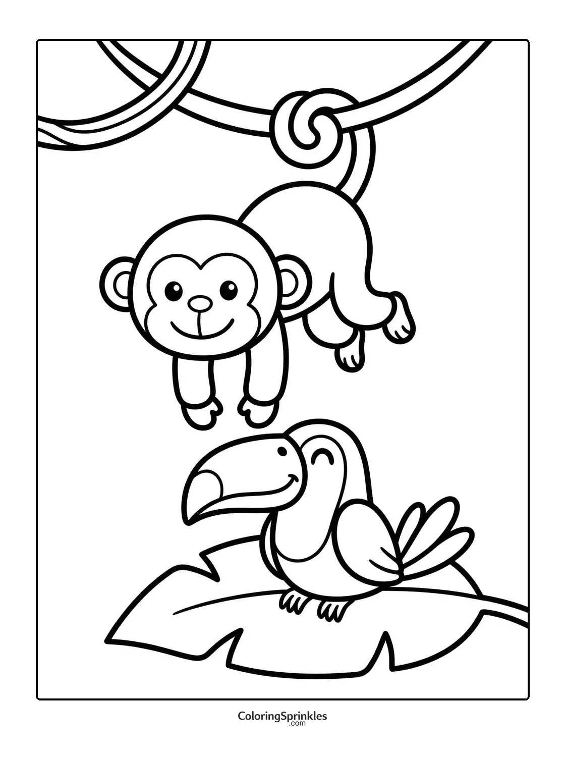 Coloring page of a monkey hanging from a branch above a toucan on a leaf