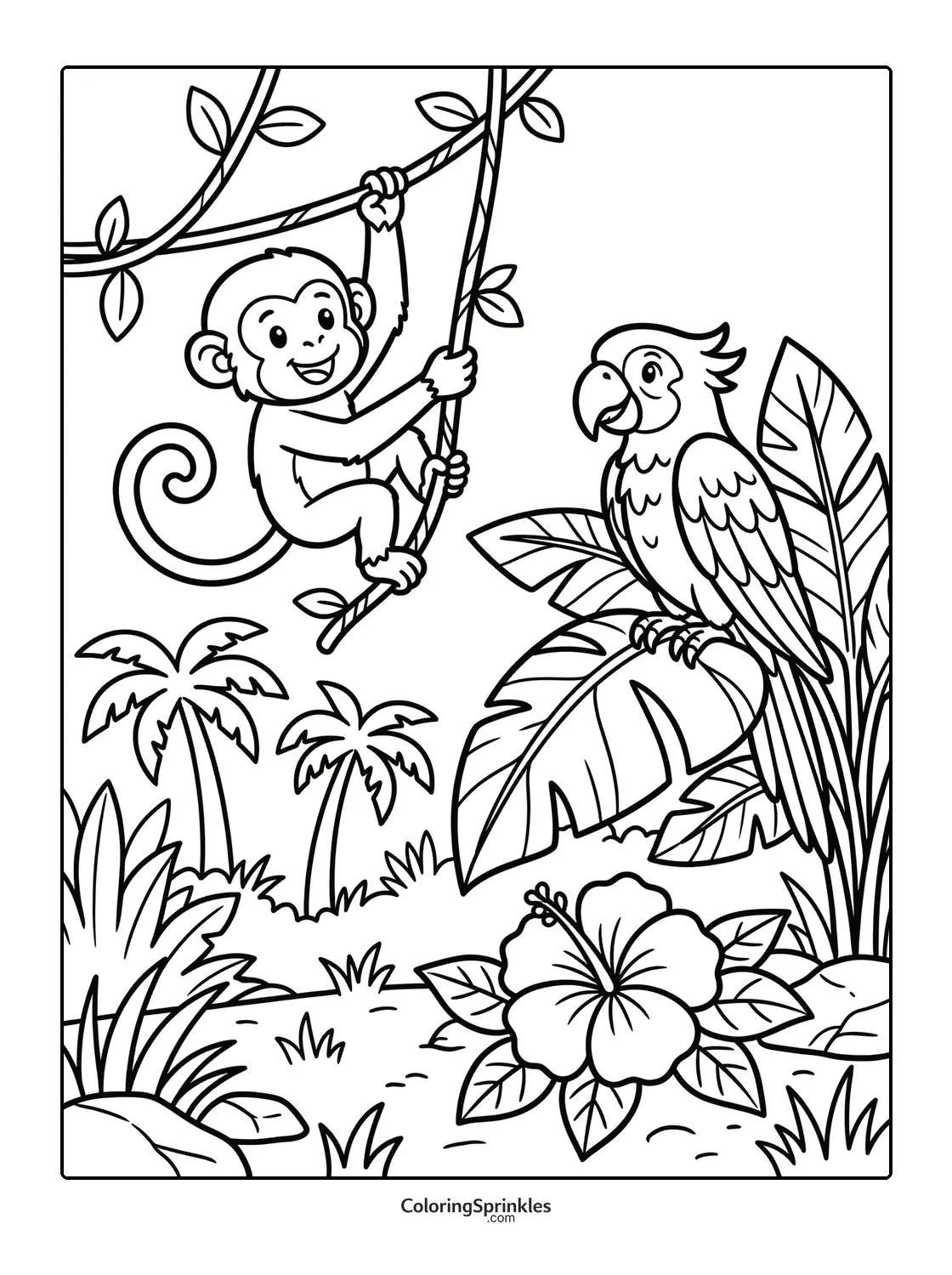 Coloring page of a monkey swinging on a vine with a parrot in a tropical forest