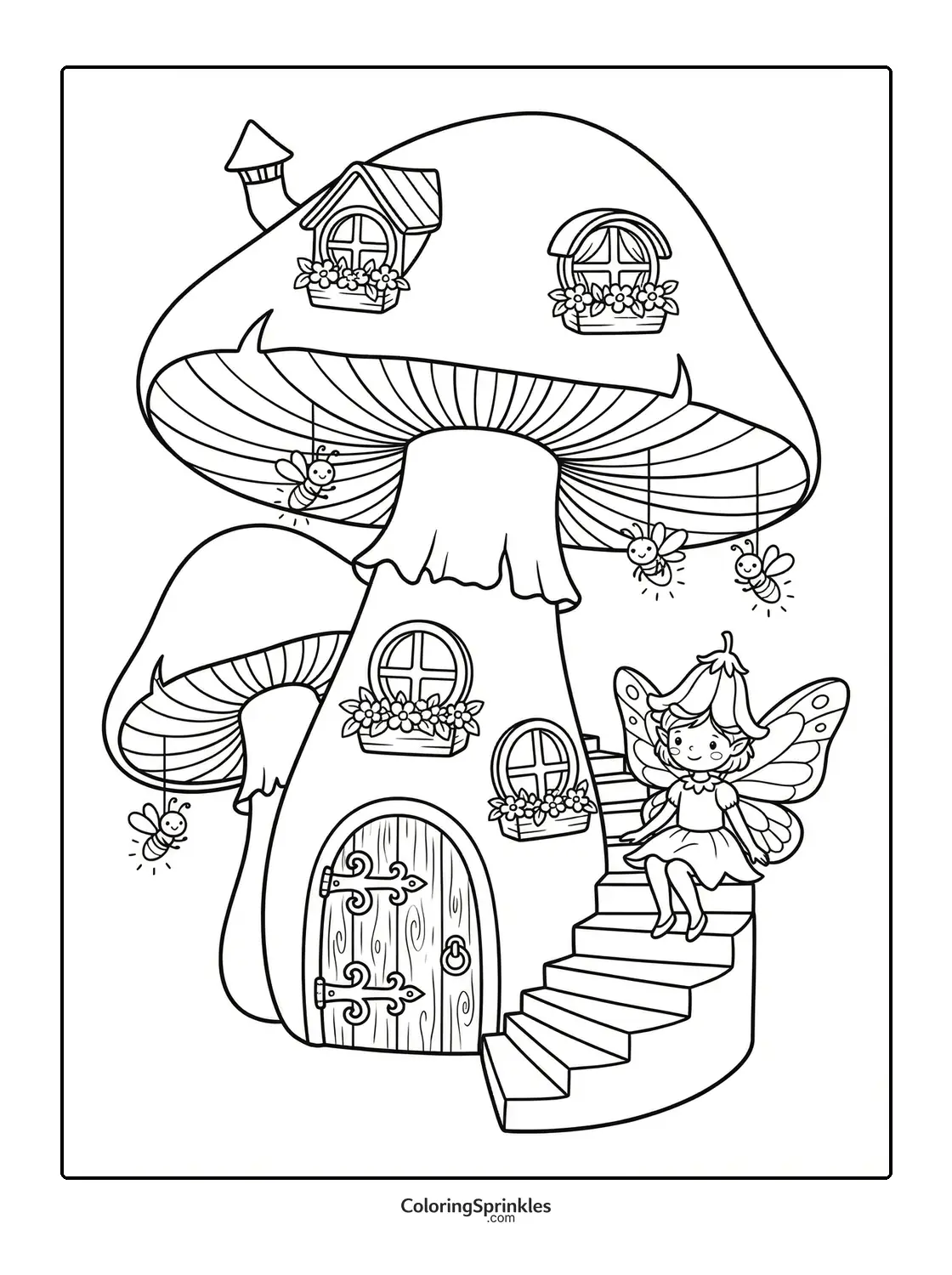 Coloring page of a mushroom house with a fairy sitting on stairs and bees hanging