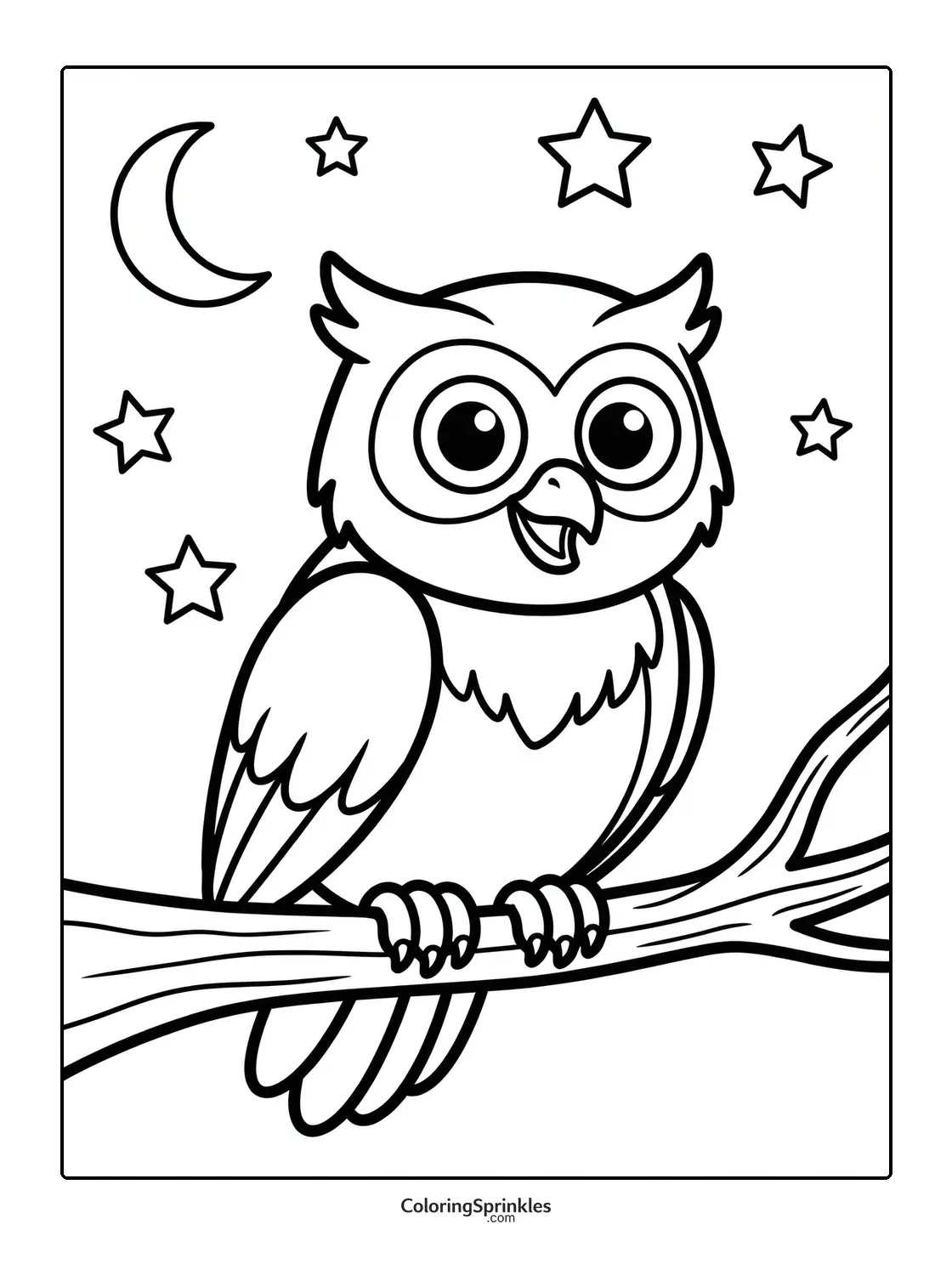 Coloring page of an owl perched on a branch at night with moon and stars