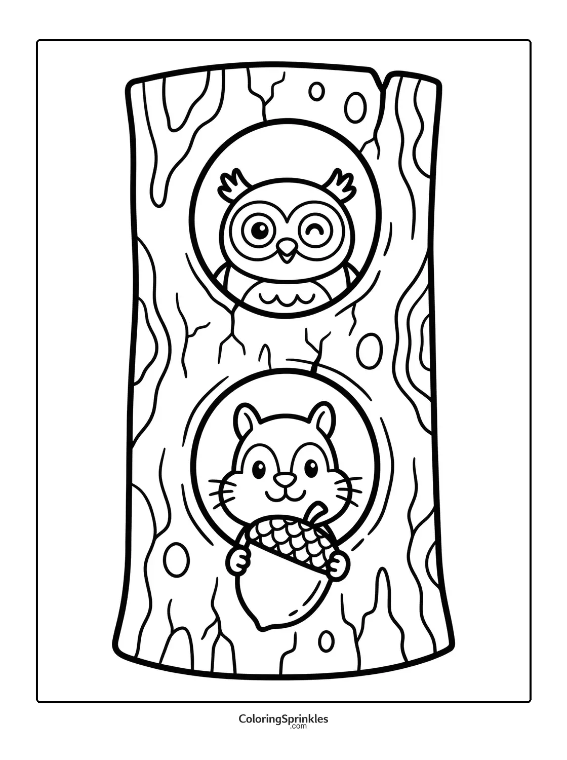 Coloring page of an owl and a squirrel in tree hollows with an acorn
