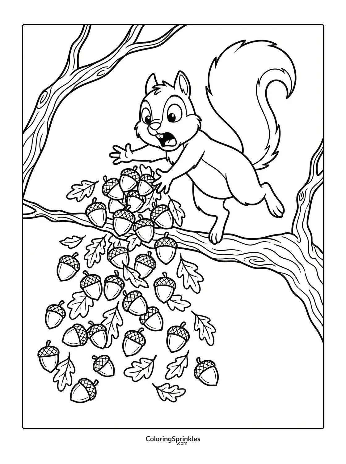 Coloring page of a squirrel dropping acorns from a tree branch