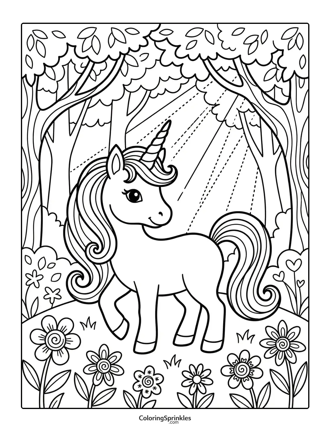 Coloring page of a unicorn standing in a forest clearing with flowers and sunrays