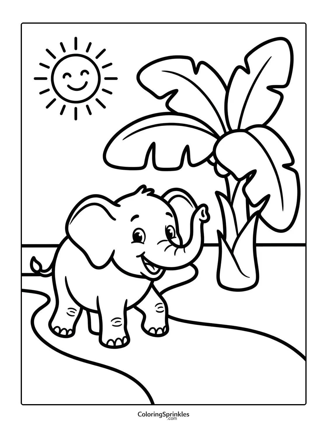 Coloring page of a baby elephant smiling in a jungle with a sun