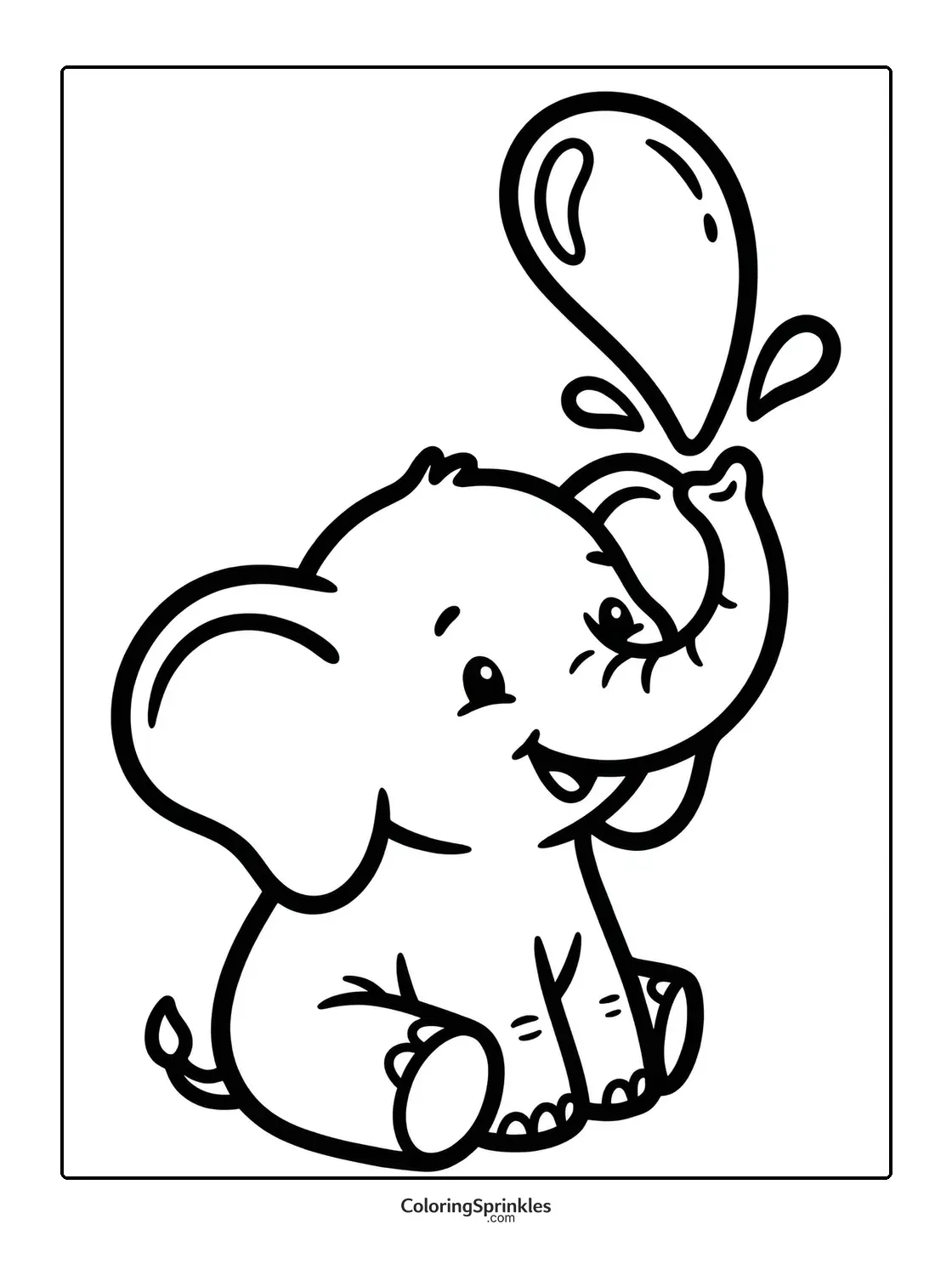 Coloring page of a baby elephant spraying water with its trunk