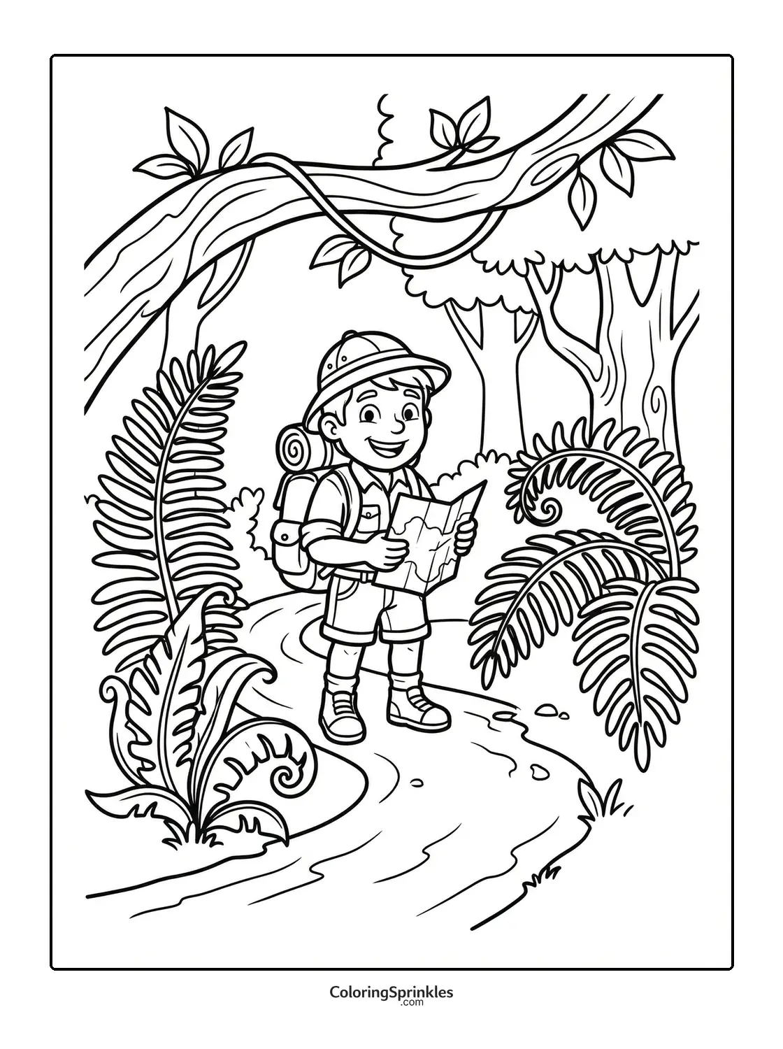 Coloring page of a boy explorer holding a map on a jungle path