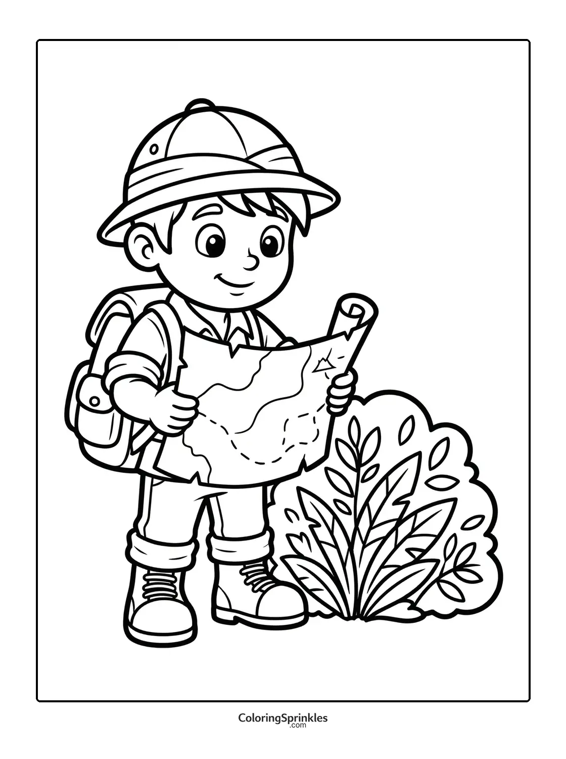 Coloring page of a boy explorer holding a map near jungle plants