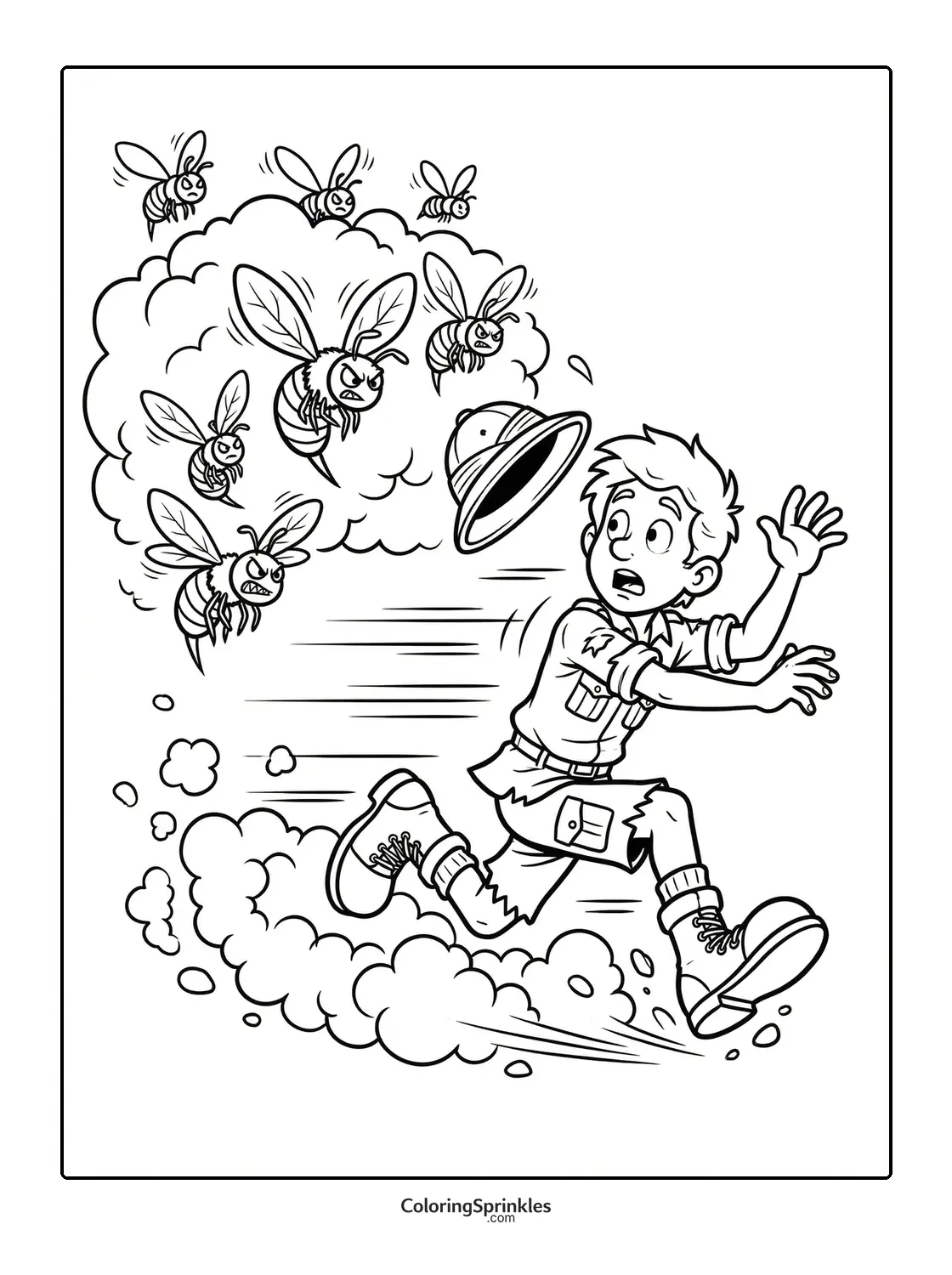 Coloring page of a boy running away from angry bees in a jungle