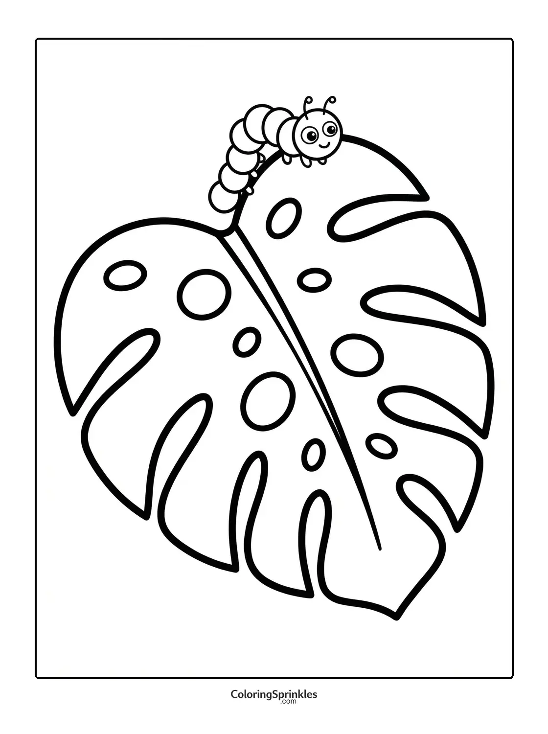 Coloring page of a caterpillar on a monstera leaf