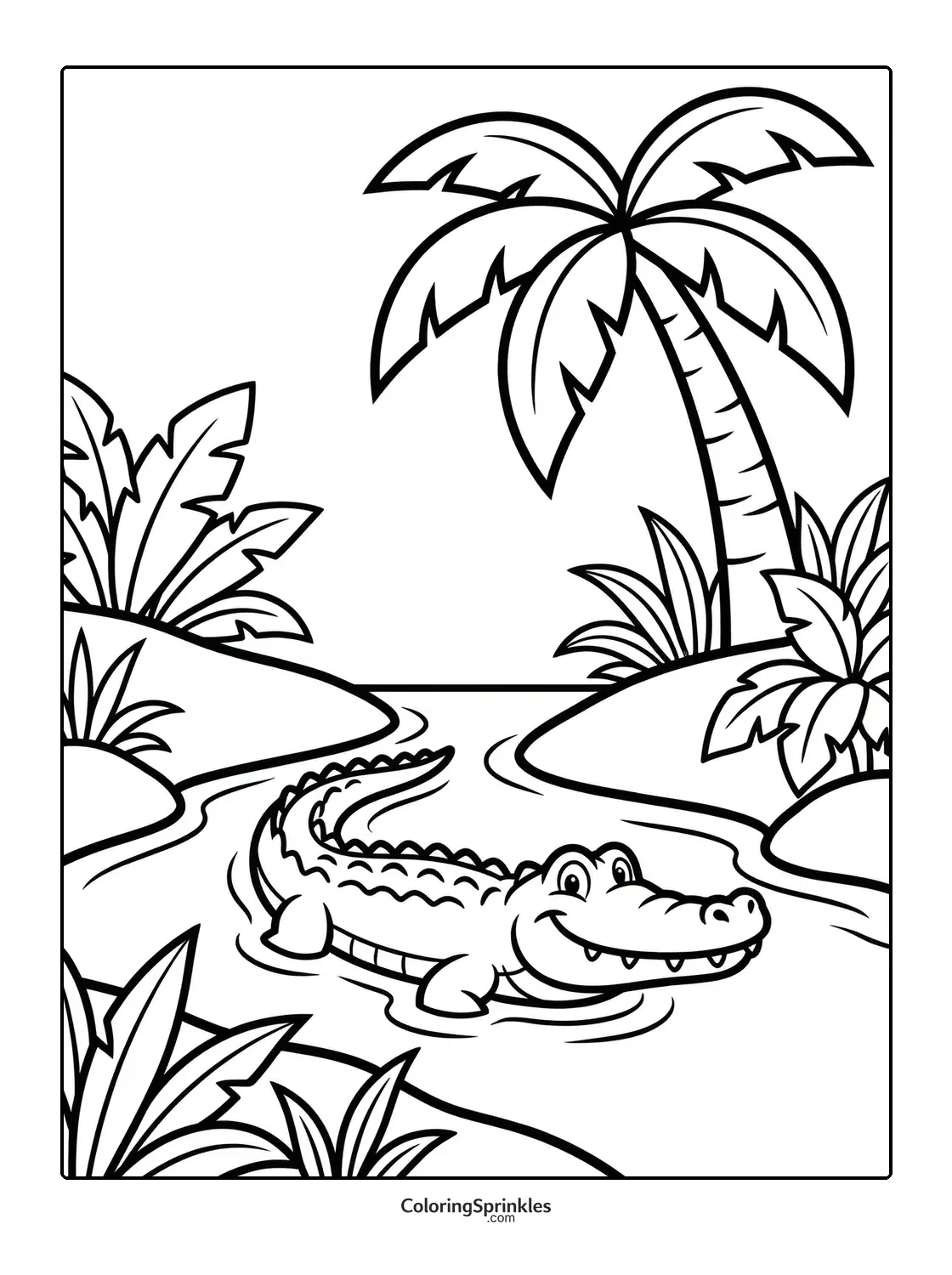 Coloring page of a smiling crocodile swimming in a jungle river with palm trees
