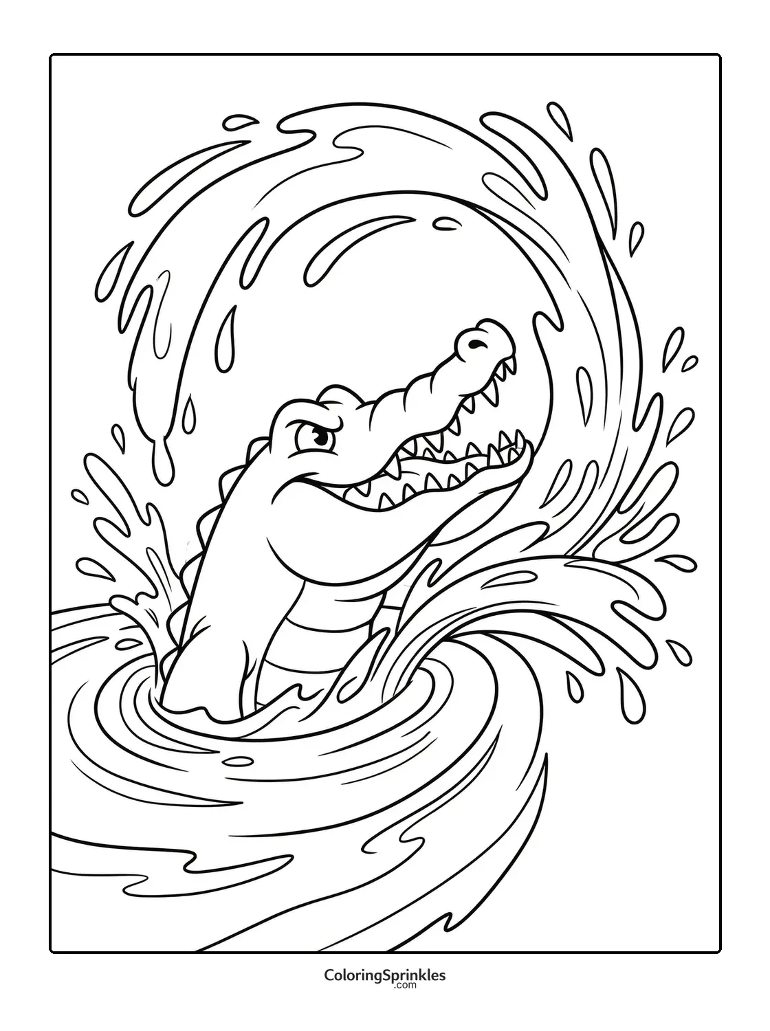 Coloring page of a crocodile splashing water in a jungle river