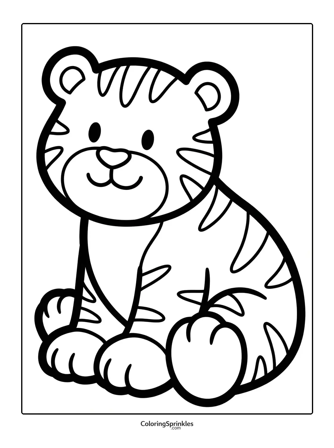 Coloring page of a cute baby tiger sitting