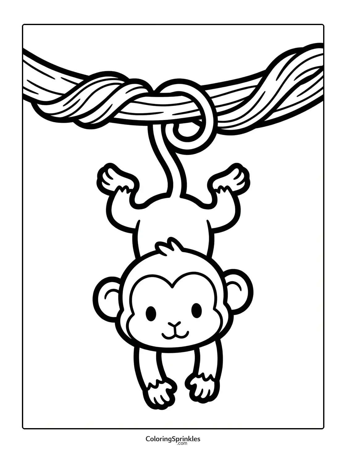 Coloring page of a cute monkey hanging by its tail from a vine
