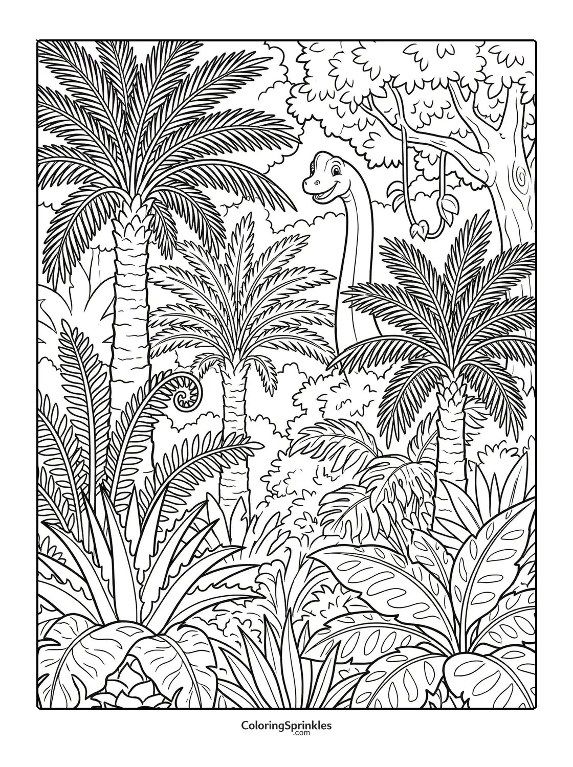 Coloring page of a dinosaur in a jungle with trees and vines