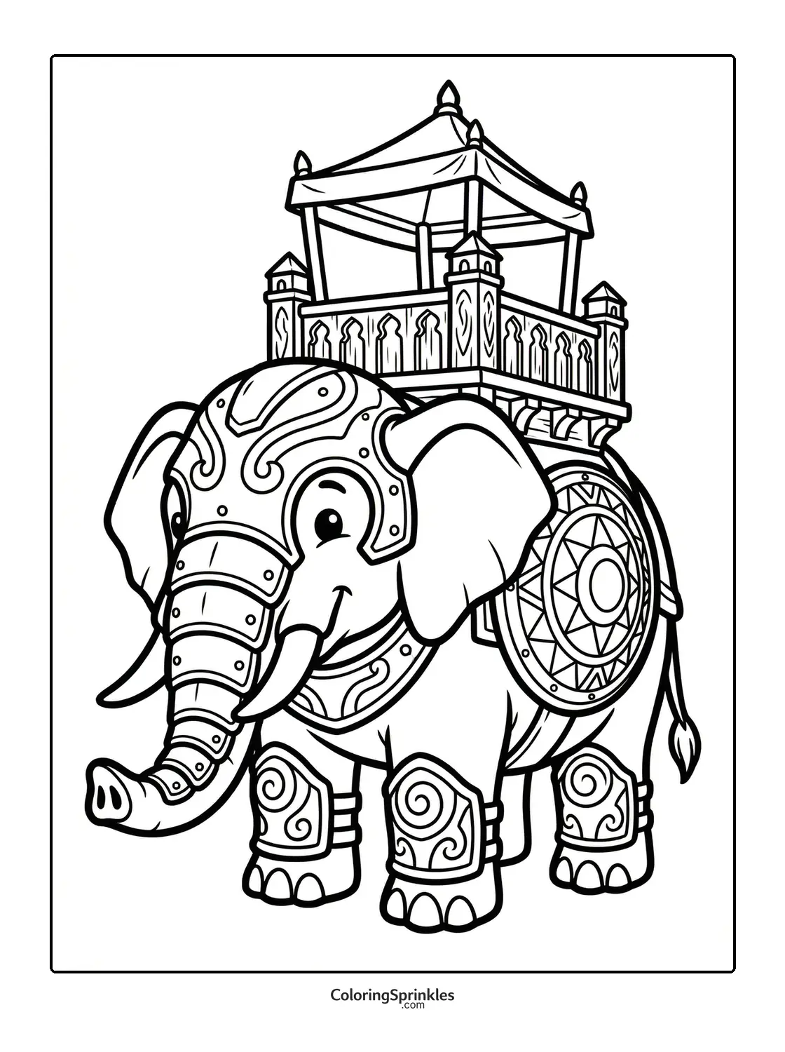 Coloring page of an elephant wearing decorative armor and a howdah