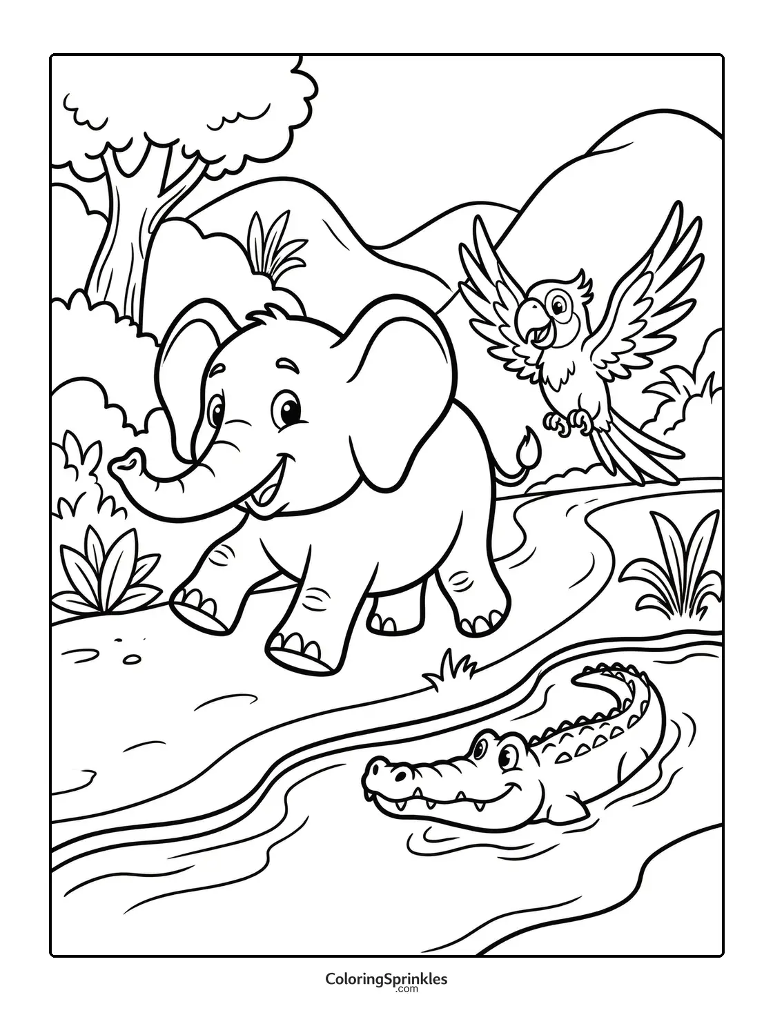 Coloring page of an elephant walking by a river with a parrot flying and a crocodile swimming
