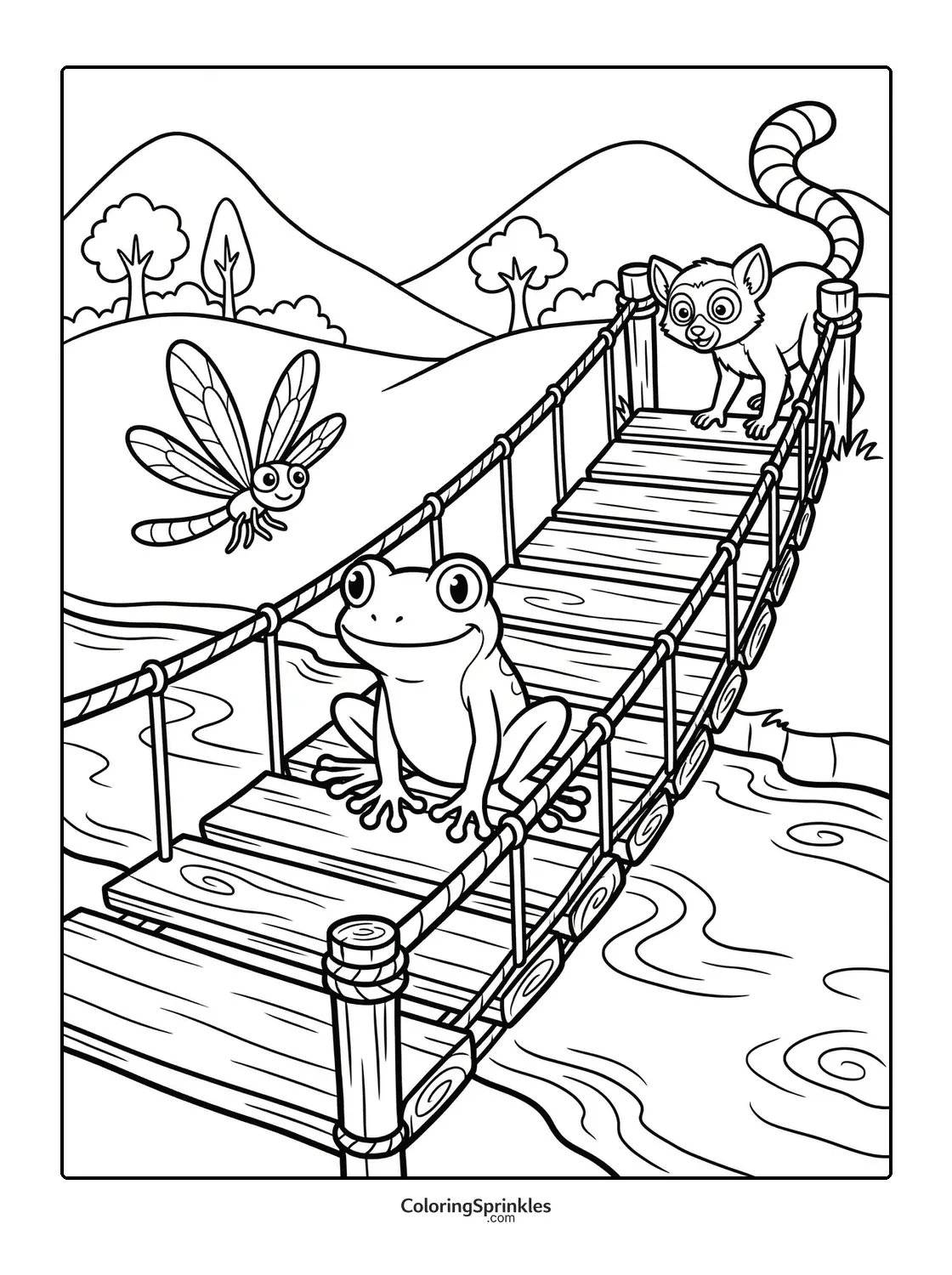 Coloring page of a frog and lemur on a wooden bridge with a dragonfly in a jungle