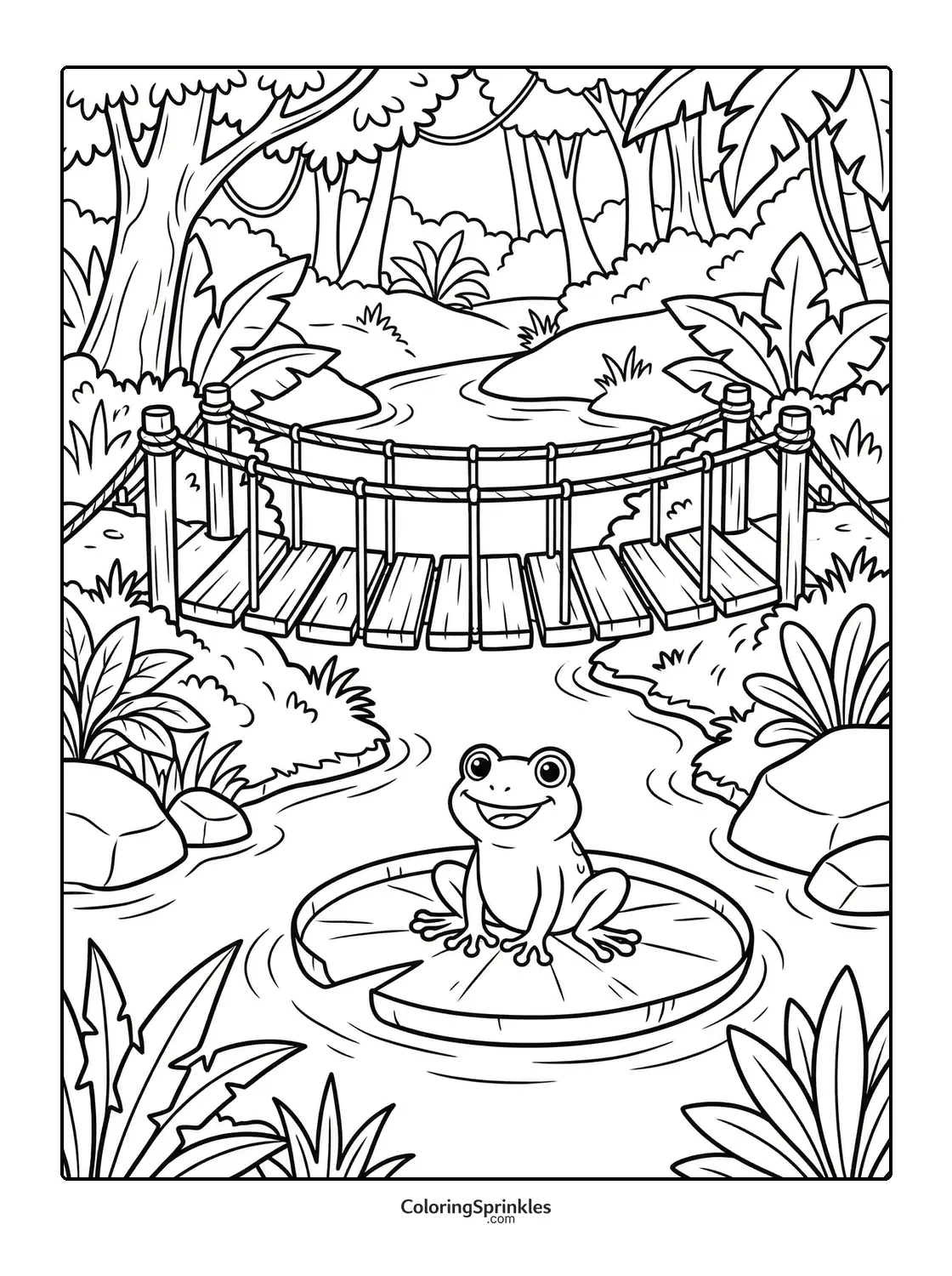 Coloring page of a frog sitting on a lily pad near a rope bridge in a jungle river