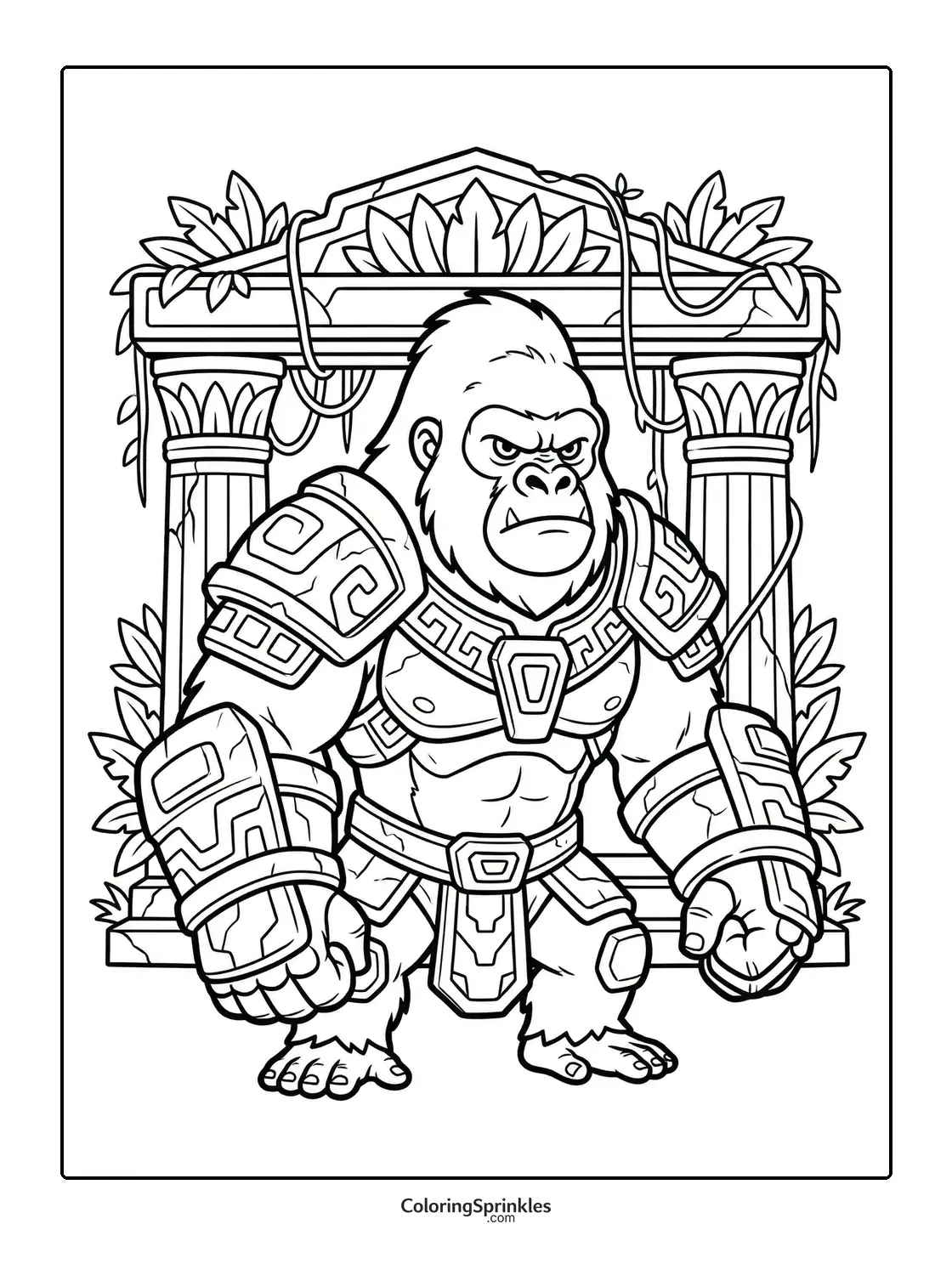 Coloring page of a gorilla warrior in armor standing in front of a jungle temple