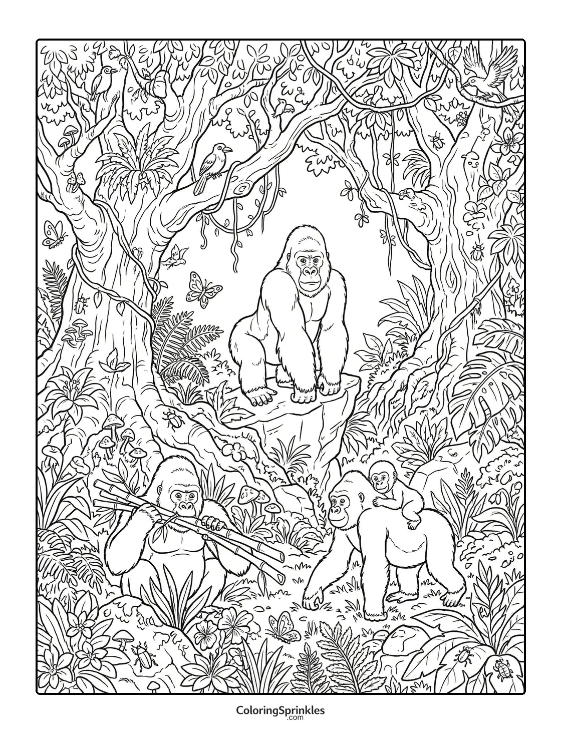 Coloring page of gorillas in a jungle with butterflies and birds