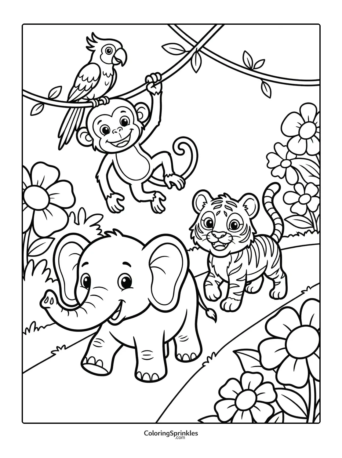 Coloring page of jungle animals including an elephant, monkey, tiger, and parrot