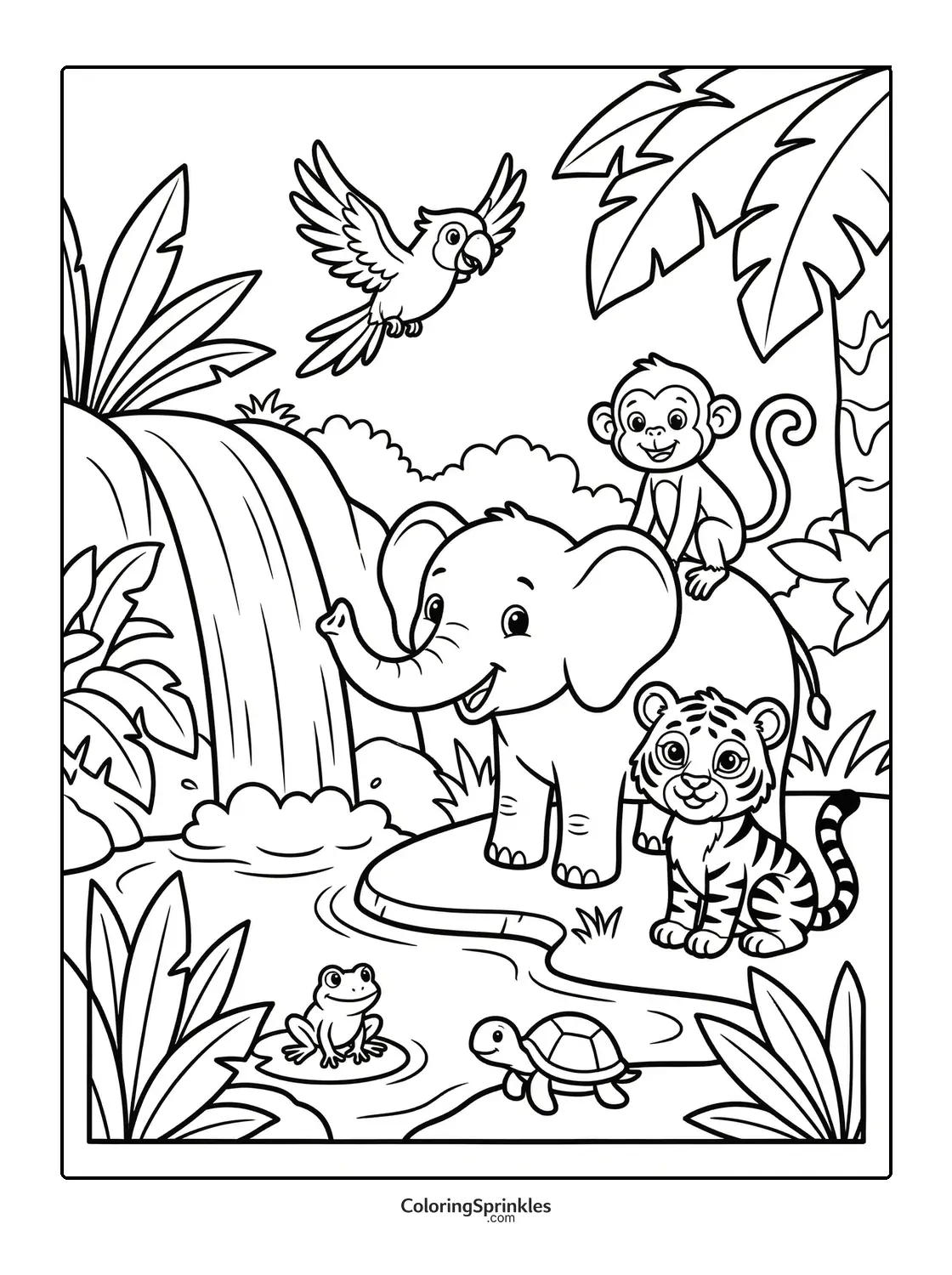 Coloring page of jungle animals with an elephant, monkey, tiger, and waterfall