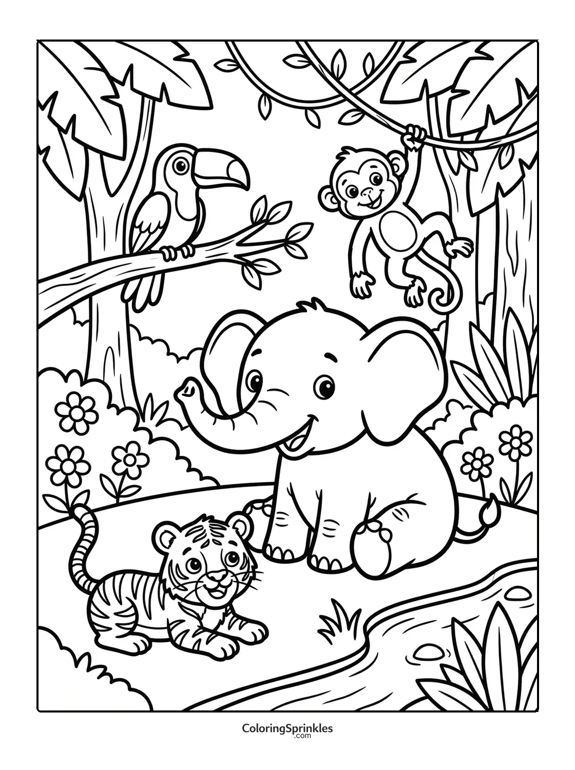 Coloring page of jungle animals including an elephant, tiger, monkey and toucan