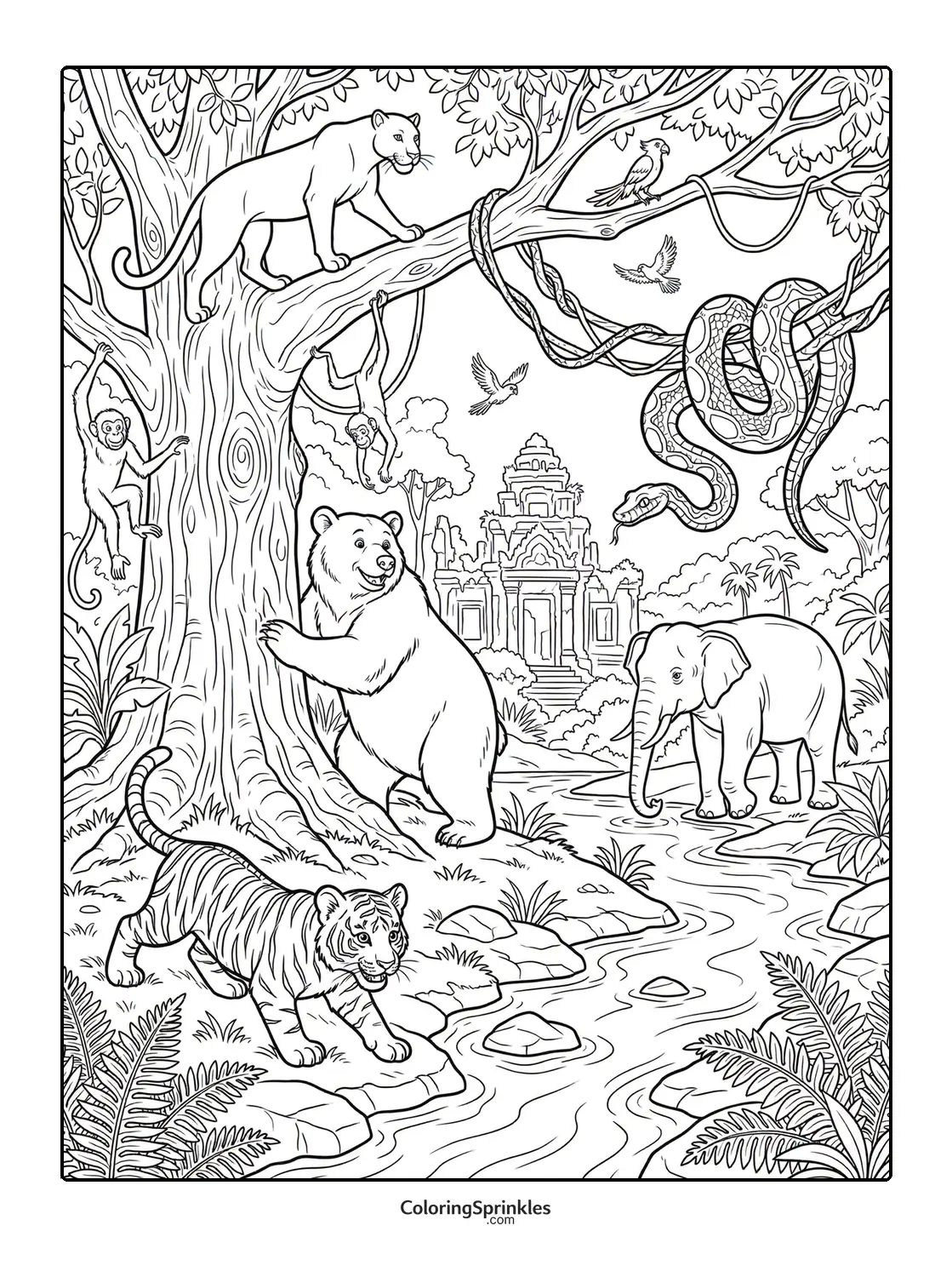 Coloring page of jungle animals including a tiger, bear, elephant, snake, and monkeys near a temple