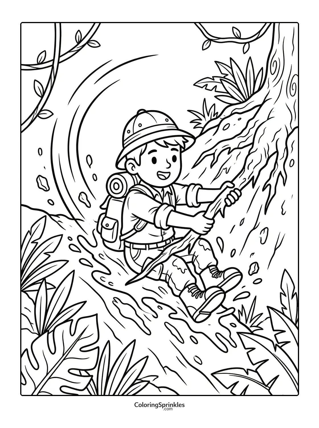 Coloring page of a boy sliding down a tree root in the jungle