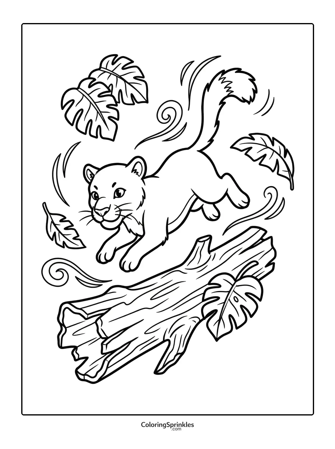 Coloring page of a jungle cub leaping over a log with leaves
