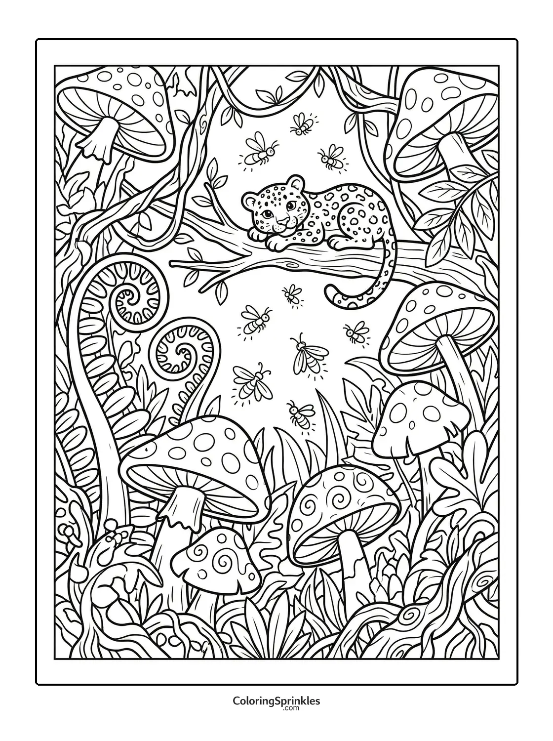 Coloring page of a leopard resting on a branch surrounded by mushrooms and bees in a jungle
