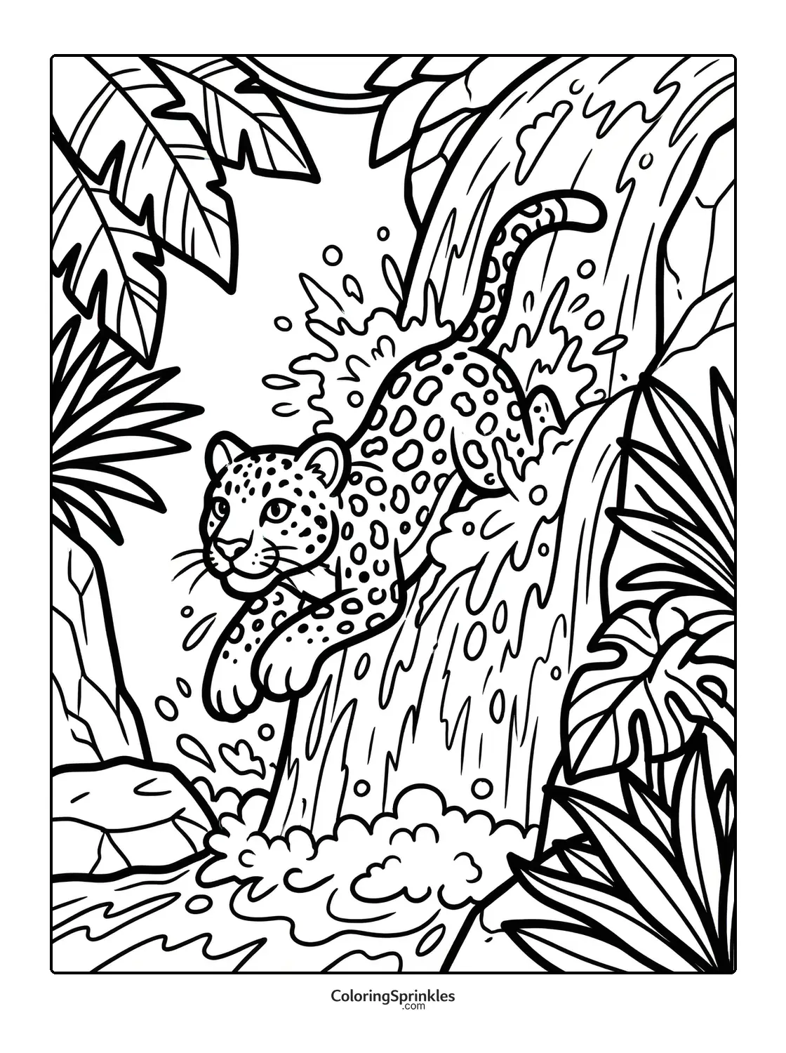 Coloring page of a leopard splashing down a waterfall in the jungle