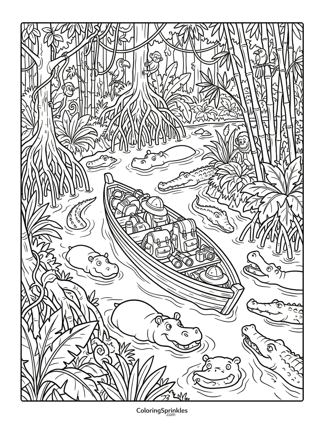 Coloring page of a jungle river with a boat surrounded by hippos, crocodiles, and monkeys